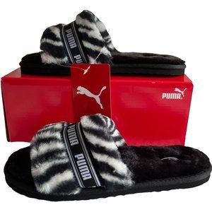 🌹PUMA Puma Fluff Wild Slides Women Size 10 White/Black , zebra-striped